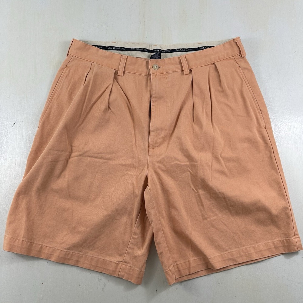 VTG Polo Ralph Lauren Mens Tyler Shorts 34 Pleated Orange Chino Baggy 90s Y2K